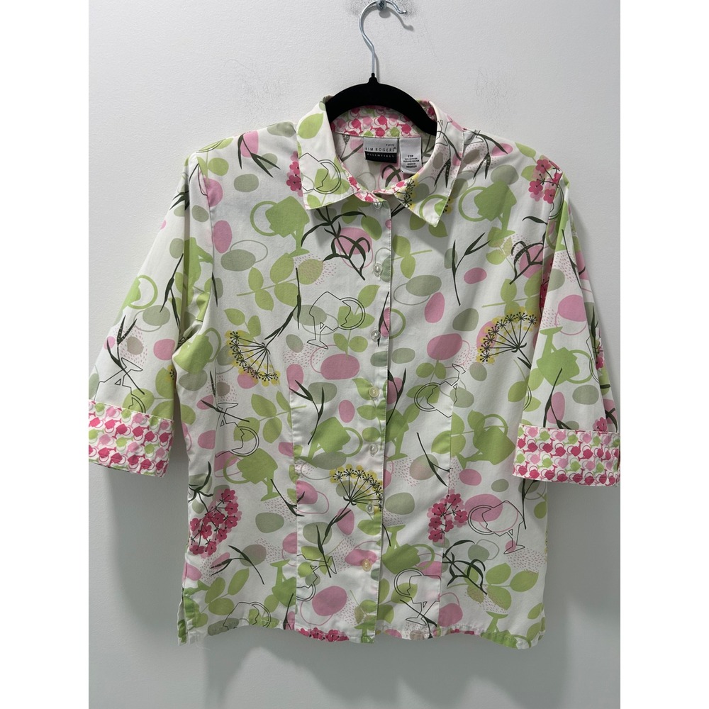 Kim Rogers Essentials Petite Button Up Shirt 12P Pink Green Floral Garden Print